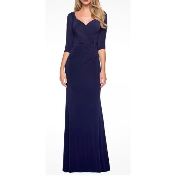 La Femme Ruched Jersey Column Gown in Navy Blue NWOT Size 8